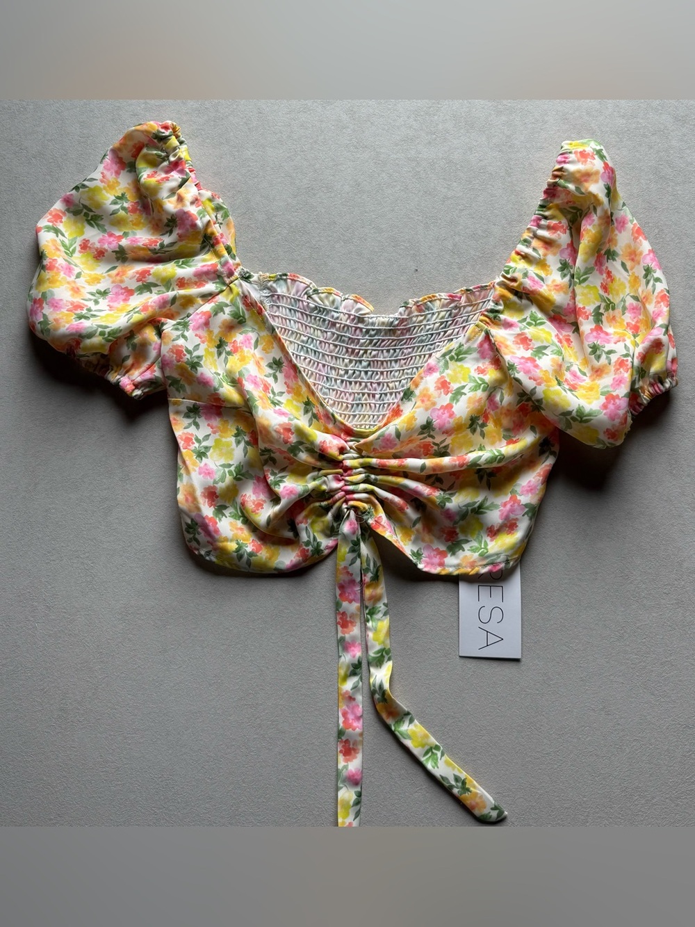 RESA Floral Ruched Tie-Front Crop Top in Yellow Pink NWT